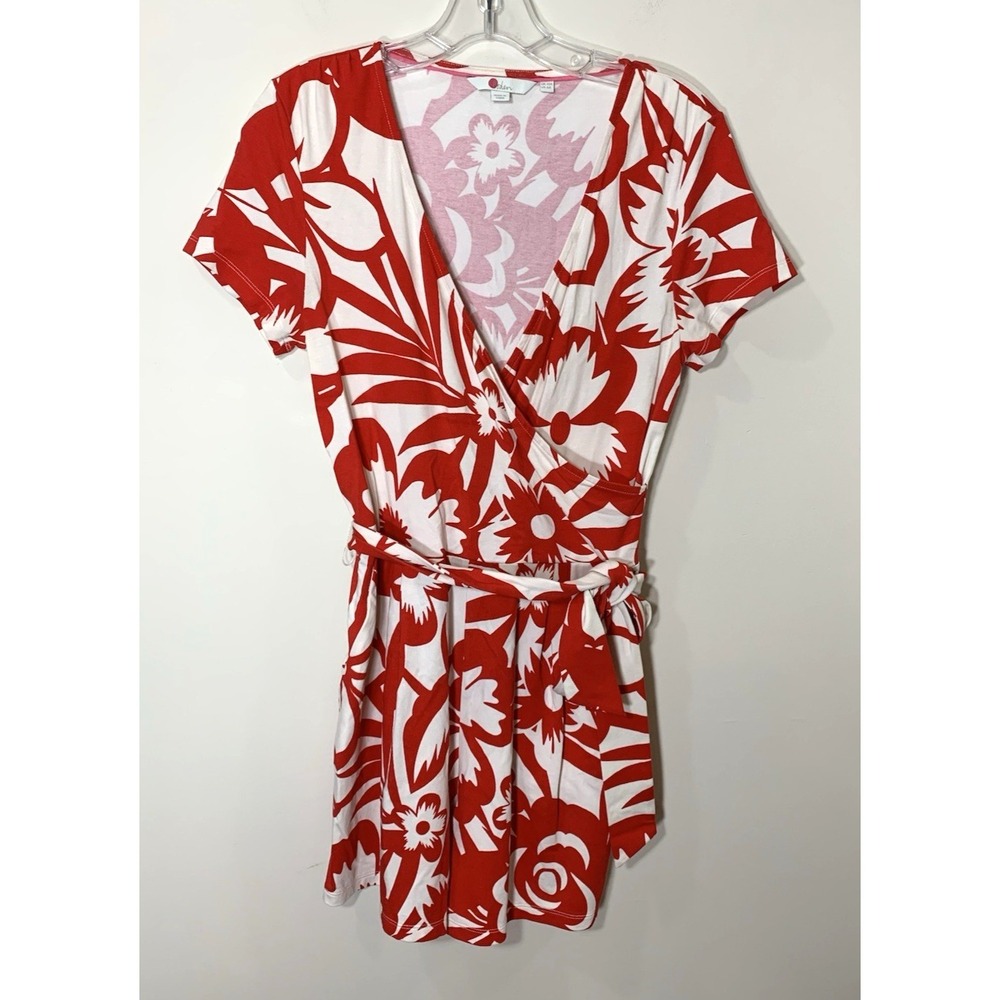 Boden Romper Jumpsuit Womens 6 Red White Tropical Floral Print Stretch Jersey